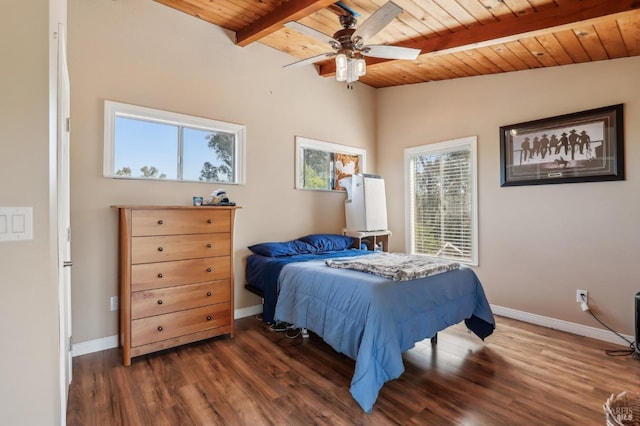bedroom with wooden ceiling, dark wood-style floors, baseboards, beam ceiling, and a ceiling fan