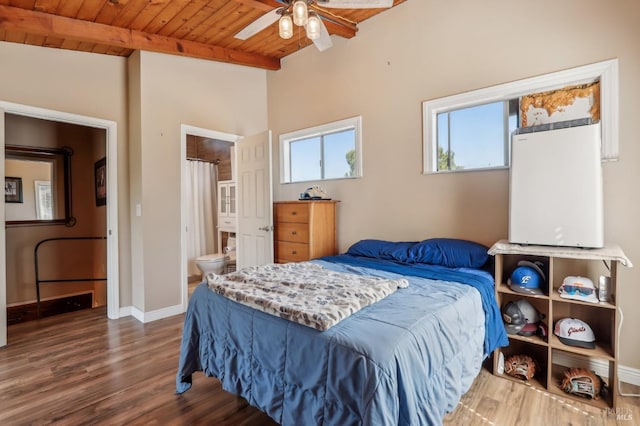 bedroom featuring wooden ceiling, wood finished floors, ensuite bathroom, and baseboards