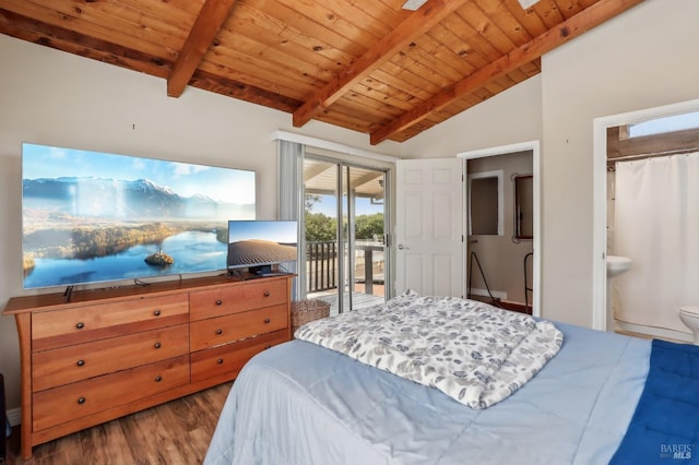 bedroom with access to exterior, wood finished floors, and wooden ceiling