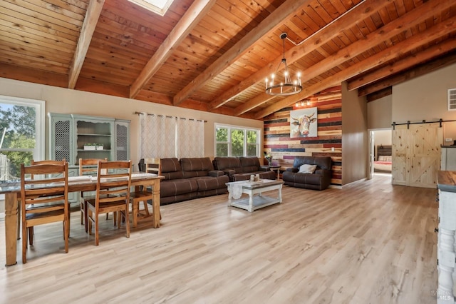 living area with wood finished floors, beamed ceiling, a barn door, a chandelier, and wood ceiling