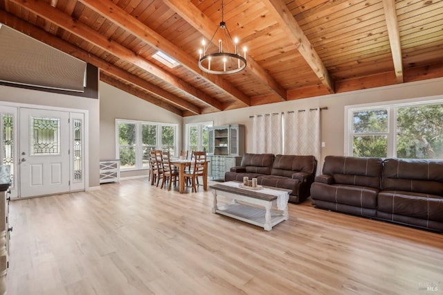 living room featuring beam ceiling, a chandelier, wood finished floors, plenty of natural light, and baseboards