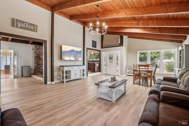 living room with wood ceiling, light wood-type flooring, beam ceiling, baseboards, and high vaulted ceiling