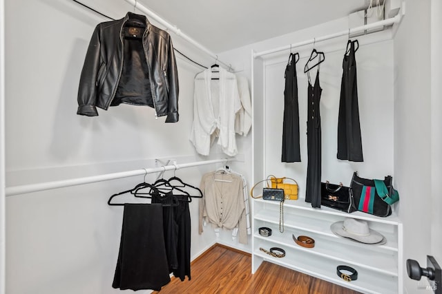 walk in closet with wood finished floors