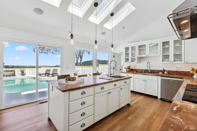 kitchen with a sink, a skylight, stainless steel dishwasher, and light wood-type flooring