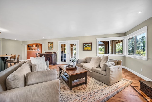 living room featuring french doors, baseboards, a wealth of natural light, and light wood-type flooring