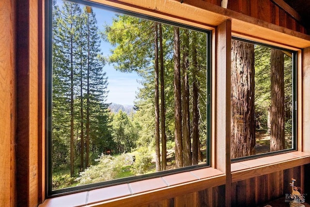 details with a wooded view