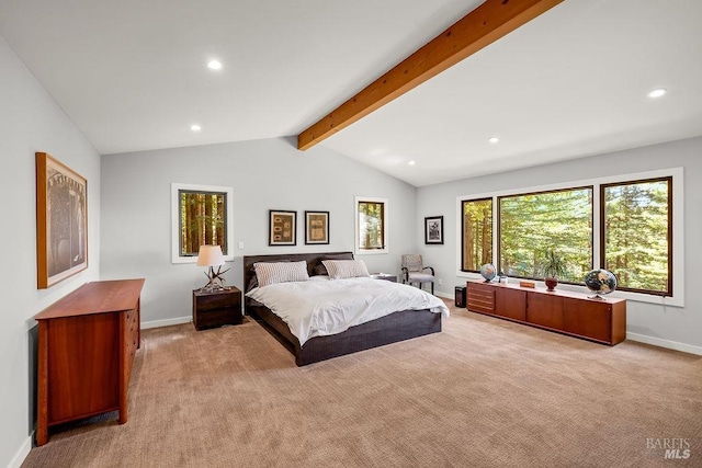 bedroom featuring baseboards, vaulted ceiling with beams, light carpet, and recessed lighting