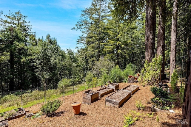 view of yard with a view of trees, fence, and a vegetable garden
