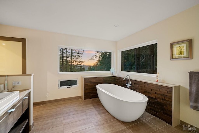 full bathroom with vanity, heating unit, and a freestanding tub