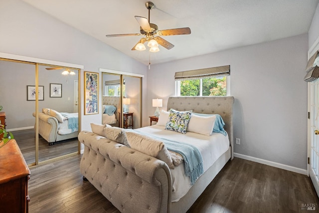 790 Morissette Way, Vacaville, CA 95687 - bedroom with multiple closets, dark wood finished floors, lofted ceiling, baseboards, and a ceiling fan