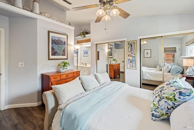790 Morissette Way, Vacaville, CA 95687 - bedroom featuring dark wood-style floors, two closets, ensuite bath, baseboards, and a ceiling fan