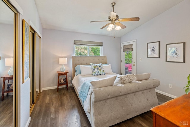 bedroom with ceiling fan, access to exterior, baseboards, lofted ceiling, and dark wood-type flooring
