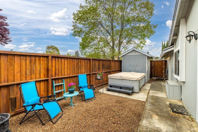 view of patio with a fenced backyard, a storage unit, and an outbuilding