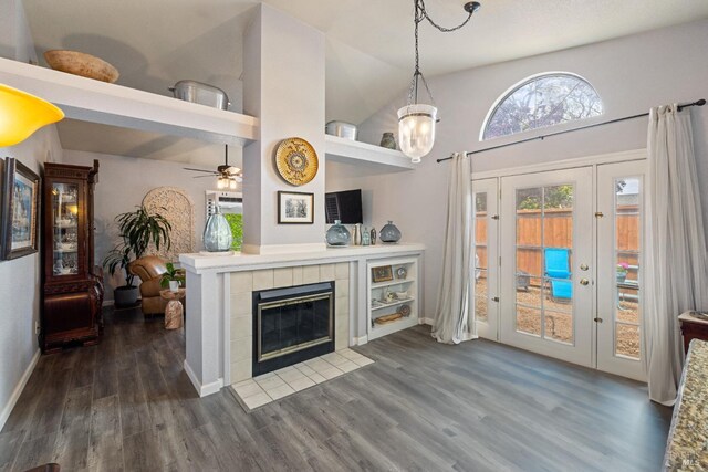 790 Morissette Way, Vacaville, CA 95687 - living area featuring dark wood-style floors, high vaulted ceiling, a fireplace, baseboards, and ceiling fan