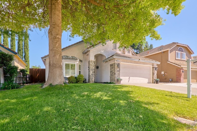 view of front of home featuring concrete driveway, a garage, stucco siding, stone siding, and a tiled roof