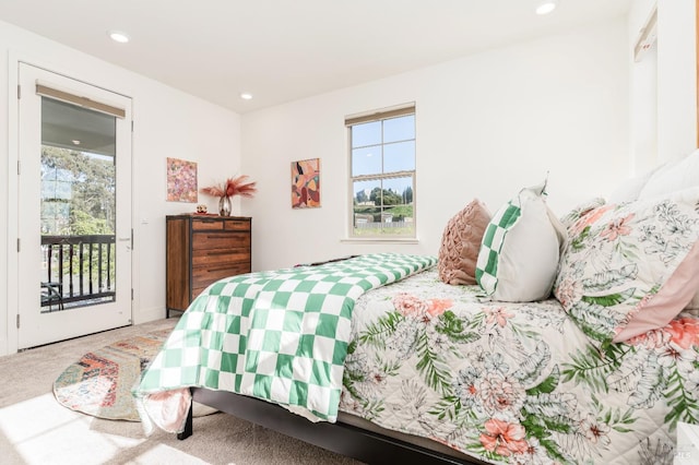 carpeted bedroom featuring access to outside and recessed lighting