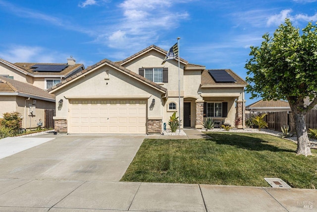traditional home with a front lawn, stucco siding, stone siding, and fence