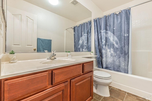 bathroom with tile patterned flooring, vanity, toilet, shower / tub combo, and visible vents