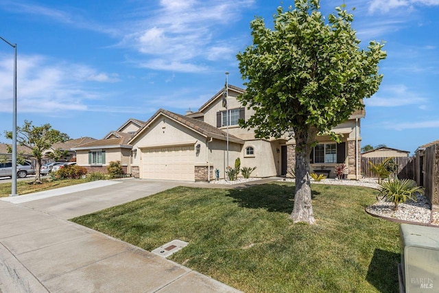 view of front facade with fence, stucco siding, a front lawn, and stone siding