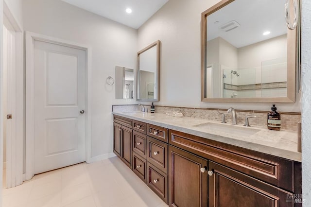 218 Johnson St, Windsor, CA 95492 - full bathroom with a shower stall, double vanity, and tile patterned flooring