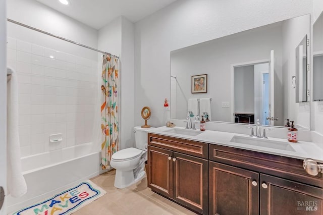 218 Johnson St, Windsor, CA 95492 - full bath featuring tile patterned floors, toilet, shower / bath combo with shower curtain, and double vanity