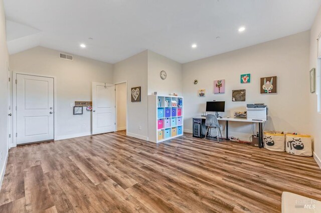 218 Johnson St, Windsor, CA 95492 - home office featuring wood finished floors, baseboards, recessed lighting, and vaulted ceiling