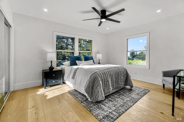 bedroom featuring baseboards, a closet, and light wood-type flooring