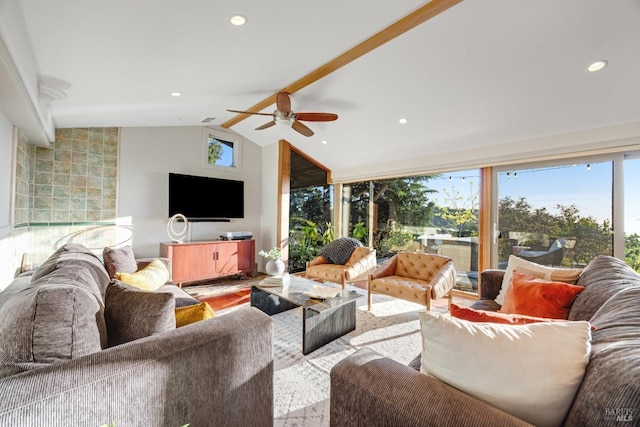 living area featuring recessed lighting, ceiling fan, a healthy amount of sunlight, and lofted ceiling