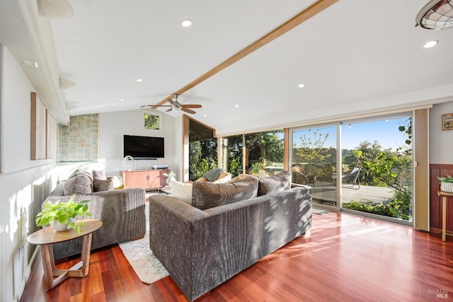 living area featuring recessed lighting, ceiling fan, wood finished floors, and lofted ceiling