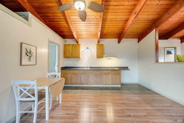kitchen with light brown cabinetry, beamed ceiling, wooden ceiling, a ceiling fan, and light wood finished floors