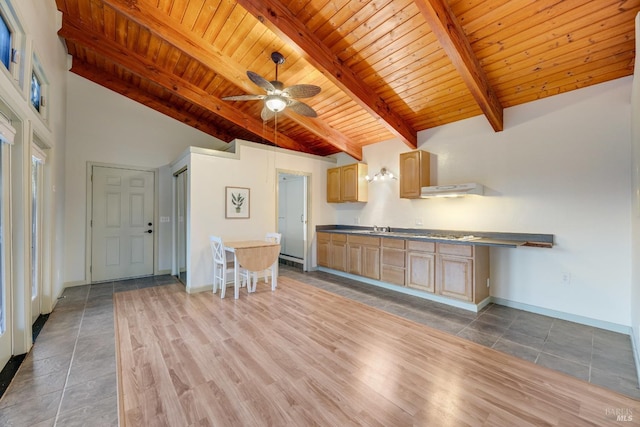kitchen with wood ceiling, ceiling fan, beam ceiling, baseboards, and light brown cabinets