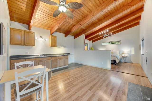 kitchen with dark countertops, a sink, wooden ceiling, open floor plan, and vaulted ceiling with beams