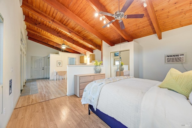bedroom with wood ceiling, a wall mounted air conditioner, baseboards, lofted ceiling with beams, and light wood-style floors