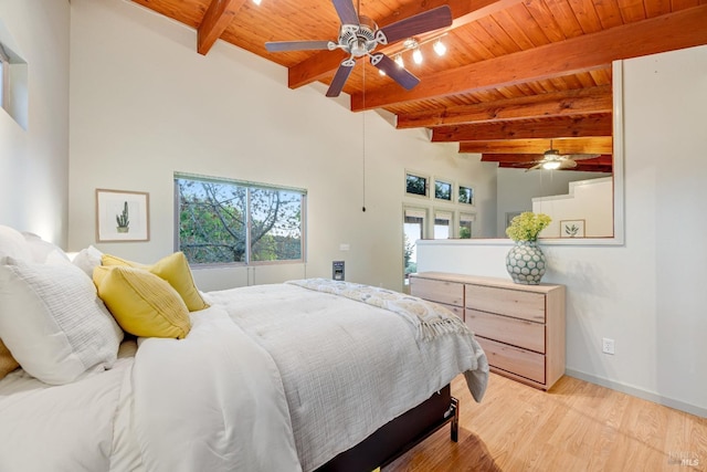 bedroom featuring wooden ceiling, baseboards, light wood finished floors, and beam ceiling