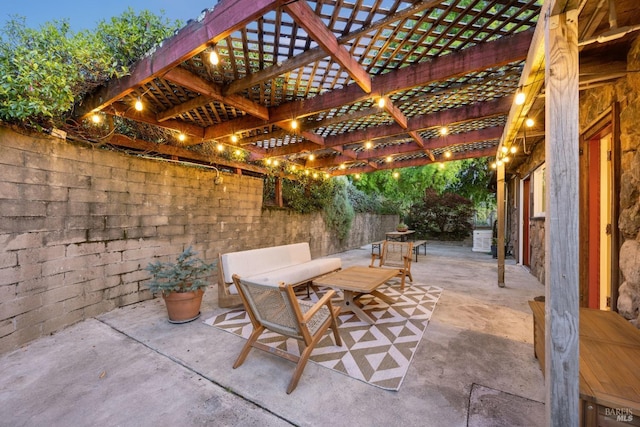 view of patio featuring a pergola, fence, and outdoor dining area