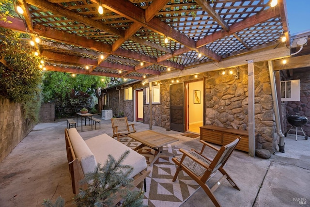 view of patio with a pergola, fence, and outdoor dining area