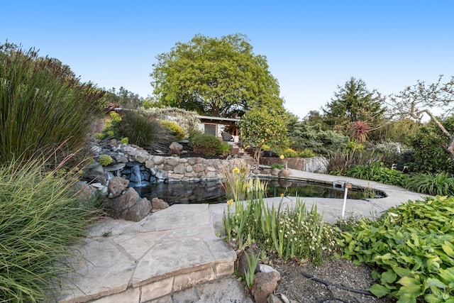 view of pool featuring a small pond