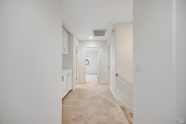 2916 Park Meadow Dr, Santa Rosa, CA 95407 - hall featuring visible vents, baseboards, a textured wall, light carpet, and recessed lighting