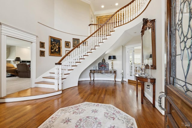 9 Canyon Ct, Petaluma, CA 94952 - foyer entrance with baseboards, a high ceiling, stairs, and wood finished floors