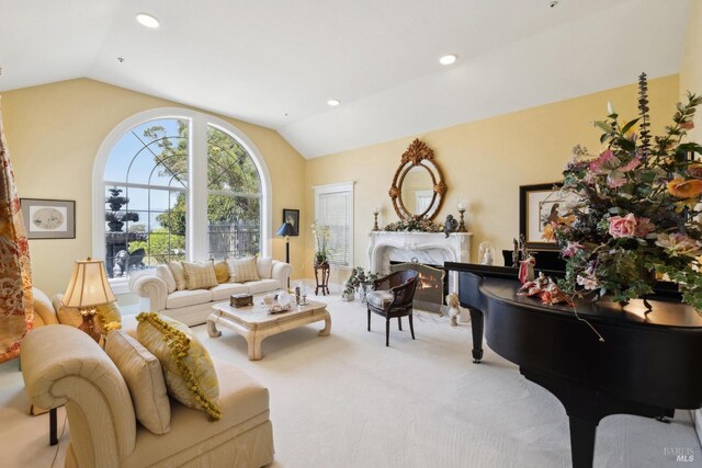 9 Canyon Ct, Petaluma, CA 94952 - living room with carpet floors, a premium fireplace, and lofted ceiling