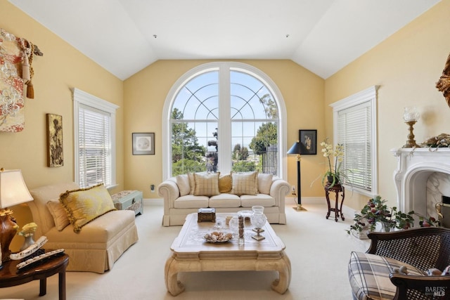 9 Canyon Ct, Petaluma, CA 94952 - carpeted living room featuring a fireplace, a healthy amount of sunlight, and vaulted ceiling