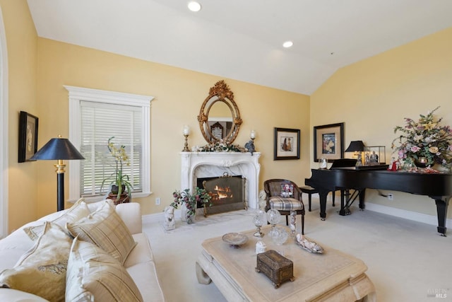 9 Canyon Ct, Petaluma, CA 94952 - carpeted living room featuring baseboards, a high end fireplace, and lofted ceiling