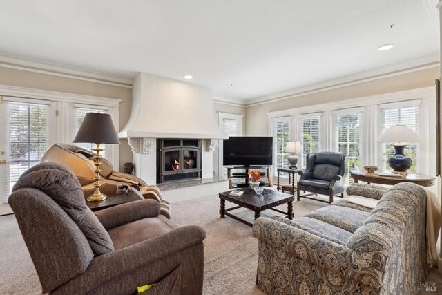 9 Canyon Ct, Petaluma, CA 94952 - carpeted living area with a warm lit fireplace, ornamental molding, and a healthy amount of sunlight