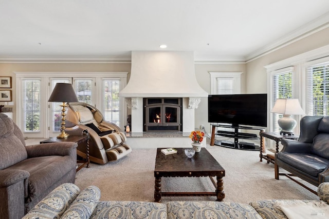 9 Canyon Ct, Petaluma, CA 94952 - carpeted living room featuring ornamental molding, a healthy amount of sunlight, and a fireplace