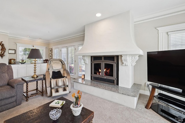 9 Canyon Ct, Petaluma, CA 94952 - living room with carpet floors, baseboards, a lit fireplace, and ornamental molding