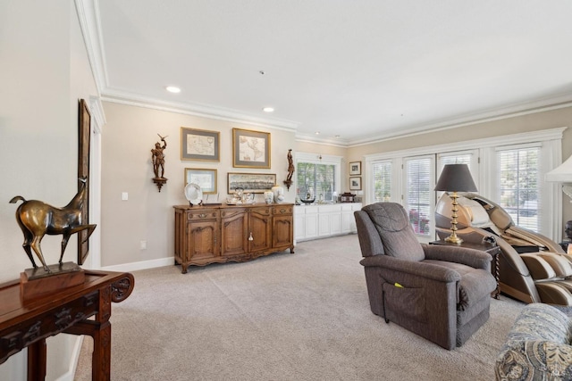 9 Canyon Ct, Petaluma, CA 94952 - living area with crown molding, recessed lighting, baseboards, and light carpet