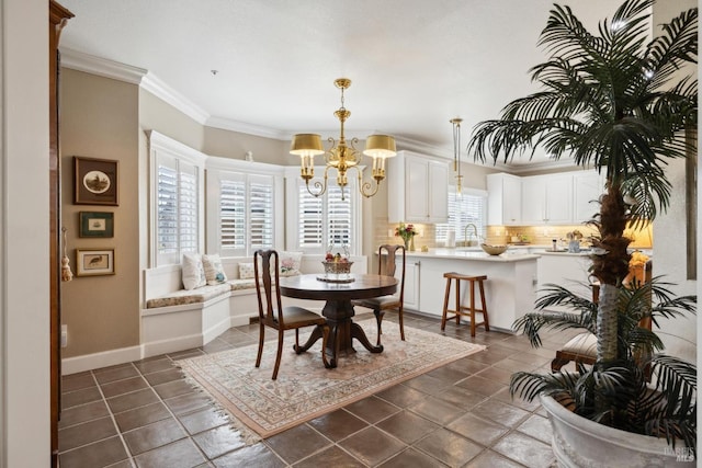 9 Canyon Ct, Petaluma, CA 94952 - dining room featuring dark tile patterned flooring, baseboards, an inviting chandelier, and ornamental molding