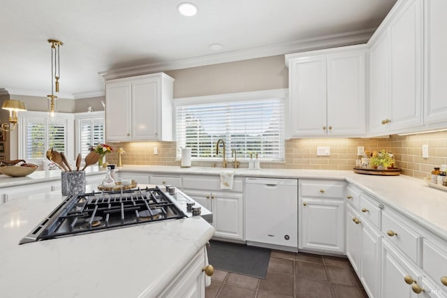 9 Canyon Ct, Petaluma, CA 94952 - kitchen with crown molding, white dishwasher, white cabinets, a sink, and stainless steel gas stovetop