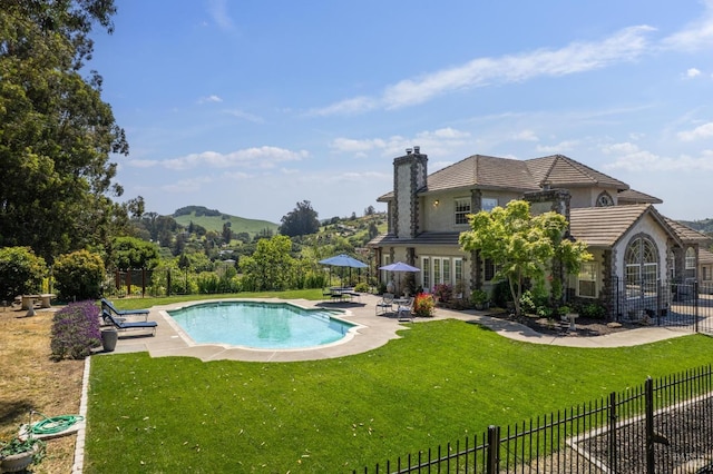 9 Canyon Ct, Petaluma, CA 94952 - view of pool featuring fence, a lawn, a patio area, and french doors