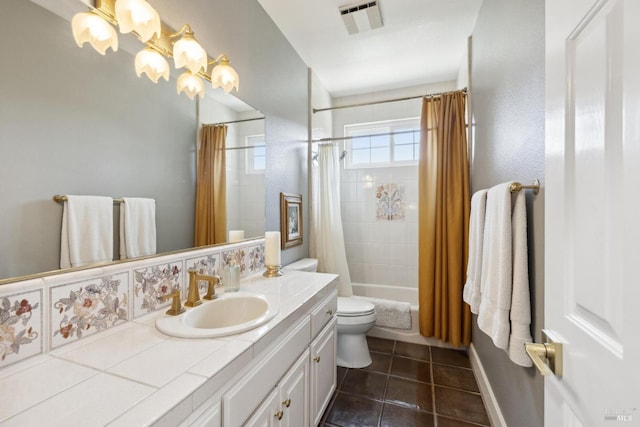 9 Canyon Ct, Petaluma, CA 94952 - bathroom featuring visible vents, tile patterned flooring, vanity, toilet, and shower / tub combo